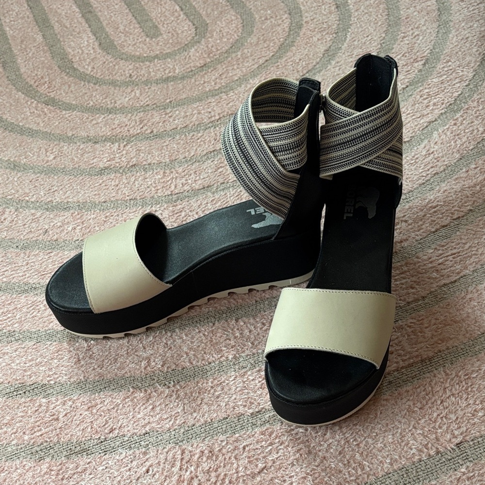 Sorel Women's Cream and Black Platform Sandals with Striped Elastic Ankle Strap